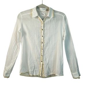 Ling Los Angeles Women’s White Cotton Button Down Shirt Cream Silk Fringe Size S